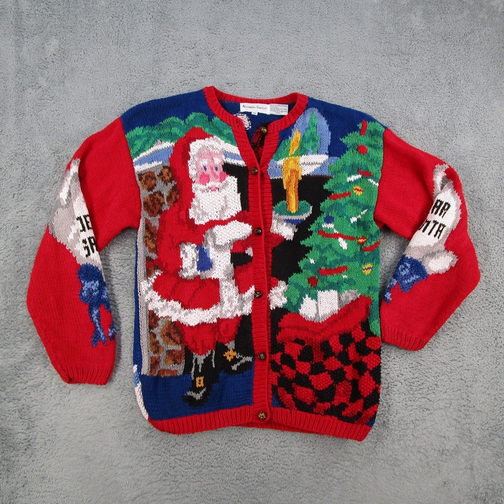 Alexandra Bartlett Vintage Christmas Cardigan Sweater Women Medium Red Santa Y2K